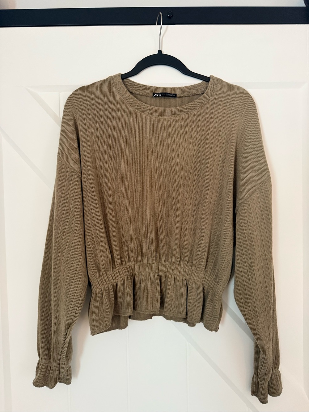 Zara Olive Ribbed Peplum Sweatshirt- size Medium